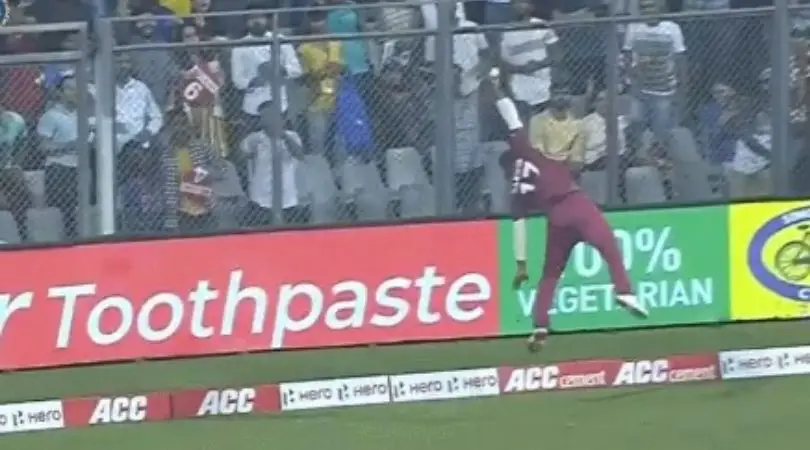WATCH: Evin Lewis performs a blinder to stop Rohit Sharma’s sixer at Wankhede Stadium